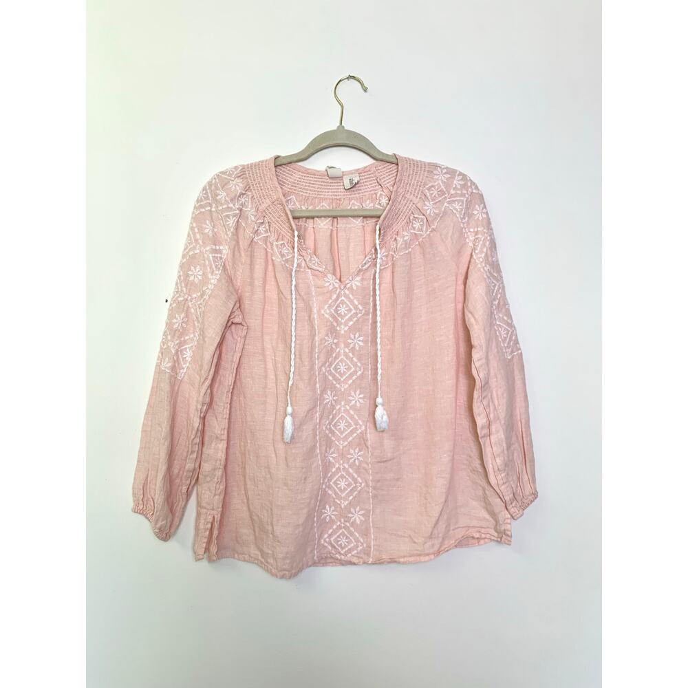 Joie Women's Pink Embroidered Linen Boho Peasant Blouse Size Small Tassels Boho